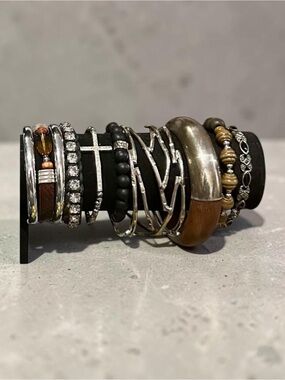 Signature Faith Mixed Metal Wood Stackable Bracelet Set Cuff Cross Black Brown
